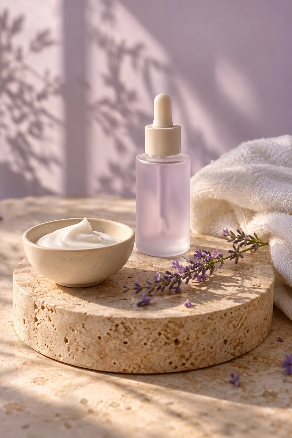 A serene skincare still life with a serum bottle, facial cream and lavender